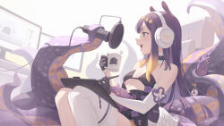 Rule 34 | 1girl, absurdres, bare shoulders, black bra, black gloves, black skirt, blonde hair, blue eyes, blurry, blurry background, blush, bra, breasts, cable, cellphone, cup, detached sleeves, drawing tablet, english text, gloves, gradient hair, hair ornament, hair over shoulder, hairclip, headphones, highres, holding, holding cup, hololive, hololive english, indoors, long hair, long sleeves, looking at object, looking away, microphone, midori xu, monitor, mug, multicolored hair, ninomae ina&#039;nis, ninomae ina&#039;nis (1st costume), on chair, open mouth, phone, pop filter, purple hair, sidelocks, single thighhigh, sitting, skirt, small breasts, smartphone, smile, stylus, table, takodachi (ninomae ina&#039;nis), tentacle hair, tentacles, thighhighs, underwear, virtual youtuber, white background, white headwear, white thighhighs