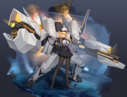 Rule 34 | 1girl, :d, absurdres, ankle strap, black footwear, black gloves, black pantyhose, black skirt, blonde hair, breasts, chinese commentary, fire, frilled skirt, frills, full body, gloves, glowing, grey sleeves, hair between eyes, hat, high heels, highres, hong bai, large breasts, legs apart, long hair, long sleeves, mecha, open mouth, original, outstretched arm, pantyhose, robot, skirt, smile, solo, teeth, upper teeth only, yellow eyes