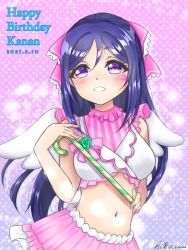 Rule 34 | 1girl, artist name, artist request, bare shoulders, blue hair, blush, bow, breasts, candy, candy cane, cleavage, collarbone, collared shirt, crescent print, dress, female focus, food, frilled dress, frills, galaxy hide and seek, green flower, hair between eyes, hair bow, hair ornament, hihana, holding, holding candy, holding candy cane, holding food, long hair, looking at viewer, love live!, love live! school idol festival, love live! sunshine!!, matsuura kanan, medium breasts, moon print, navel, parted lips, pink bow, pink skirt, purple eyes, shirt, skirt, smile, solo, striped clothes, striped dress, striped skirt, vertical-striped clothes, vertical-striped dress, vertical-striped skirt, white shirt, white wings, wings