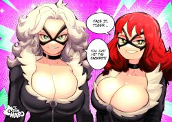 2girls absurdres animification artist_logo black_bodysuit black_cat_(marvel) black_cat_(marvel)_(cosplay) black_choker black_mask bodysuit breasts choker cleavage commentary cosplay english_commentary english_text eye_mask felicia_hardy fur_trim highres large_breasts long_hair looking_at_viewer marvel mary_jane_watson mask multiple_girls red_hair signature smile sonchapo spider-man_(series) superhero_costume upper_body white_hair