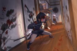 Rule 34 | 1girl, 2boys, black hair, blood, blood stain, blurry, death, depth of field, dual wielding, glowing, glowing eyes, highres, holding, japanese clothes, katana, kis sako, motion blur, mouth hold, multiple boys, ninja, original, pointy ears, red eyes, short hair, short shorts, short sword, shorts, sword, tabi, tantou, weapon