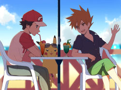 Rule 34 | 2boys, baseball cap, black hair, blue oak, buttons, capri pants, chair, cloud, commentary request, creatures (company), day, drinking, drinking straw, game freak, gen 1 pokemon, glass, hair between eyes, hand up, hanging, hat, kurochiroko, multiple boys, nintendo, on chair, open mouth, orange hair, outdoors, pants, pikachu, pokemon, pokemon (creature), pokemon sm, profile, red (pokemon), shirt, short sleeves, sitting, sky, spiked hair, sunglasses, table, teeth, tongue