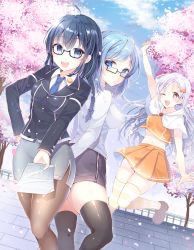 Rule 34 | 3girls, :d, ahoge, bad id, bad pixiv id, black eyes, black hair, black legwear, blue eyes, blue hair, braid, brown eyes, character request, cherry blossoms, cloud, copyright request, day, glasses, hair ornament, hairclip, hand on own hip, holding, jumping, long hair, multiple girls, necktie, open mouth, pantyhose, paper, pinb, pleated skirt, silver hair, skirt, sky, smile, striped clothes, striped legwear, striped thighhighs, thighhighs, yellow eyes, zettai ryouiki