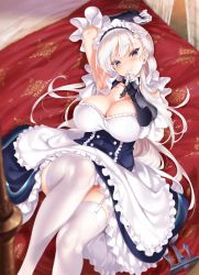 Rule 34 | 1girl, anchor, apron, arm up, armpits, azur lane, bed, bed sheet, belfast (azur lane), blush, braid, breasts, canopy bed, chain, choker, cle masahiro, cleavage, collar, collarbone, dress, french braid, garter straps, gauntlets, gloves, hand on own chin, large breasts, long hair, looking at viewer, lying, maid, maid headdress, on back, on bed, purple eyes, silver hair, smile, solo, swept bangs, thighhighs, white gloves, white thighhighs