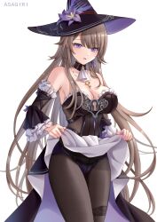 1girl absurdres asagiri_ai bare_shoulders black_dress black_hat black_pantyhose breasts brown_hair cleavage clothes_lift cowboy_shot detached_sleeves dress dress_lift hat herta_(honkai:_star_rail) highres honkai:_star_rail honkai_(series) large_breasts long_hair long_sleeves looking_at_viewer open_mouth pantyhose purple_eyes simple_background solo standing strapless strapless_dress the_herta_(honkai:_star_rail) thighs very_long_hair white_background witch_hat