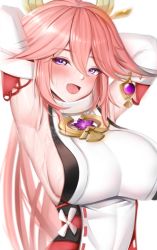 Rule 34 | 1girl, :d, animal ears, armpits, arms behind head, blouse, breasts, earrings, fox ears, genshin impact, hair between eyes, hair ornament, highres, japanese clothes, jewelry, kimono, long hair, looking at viewer, miko, mychadum, open mouth, pink hair, purple eyes, shirt, sideboob, simple background, smile, solo, sweat, white background, white kimono, white shirt, yae miko