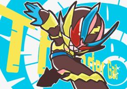 Rule 34 | 1boy, armor, black bodysuit, blue background, blue gloves, blue horns, bodysuit, chibi, commentary request, electricity, gloves, green armor, hatodokei, highres, horns, kamen rider, kamen rider revi, kamen rider revice, lightning, looking at viewer, looking back, male focus, red eyes, sharp teeth, teeth, thundergale revice