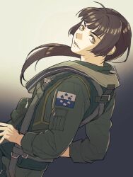 Rule 34 | 1girl, ace combat, ace combat 7, black hair, brown eyes, gradient background, hands on own hips, harness, huxian, long hair, looking at viewer, looking to the side, magobohe, osean flag, parted bangs, parted lips, patch, pilot, pilot suit, ponytail, strap, twitter username