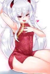 Rule 34 | 1girl, :d, arm behind head, arm up, armpits, bare arms, bare shoulders, breasts, china dress, chinese clothes, commentary request, demon girl, dress, evo grim, fang, floral print, grim aloe, heart, highres, horns, kirisame mia, long hair, open mouth, pelvic curtain, print dress, quiz magic academy, quiz magic academy the world evolve, red dress, red eyes, sleeveless, sleeveless dress, small breasts, smile, solo, thighs, tongue, tongue out, twintails, very long hair, white hair