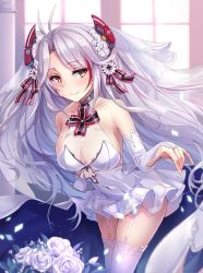 Rule 34 | 1girl, adapted costume, alternate costume, antenna hair, azur lane, bare shoulders, blush, breasts, bridal veil, brown eyes, cleavage, closed mouth, collarbone, cross, dress, flower, garter straps, hair between eyes, iron cross, large breasts, leaning forward, long hair, looking at viewer, mole, mole on breast, multicolored hair, prinz eugen (azur lane), prinz eugen (symphonic fate) (azur lane), rose, silver hair, smile, solo, streaked hair, thighhighs, two side up, veil, very long hair, wedding dress, white flower, white rose, white thighhighs, yuemanhuaikong