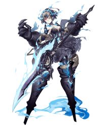 Rule 34 | 1girl, alice (sinoalice), bare shoulders, blue fire, blue hair, dark persona, expressionless, fire, frilled skirt, frills, full body, glowing, glowing eyes, hair ornament, half-nightmare, holding, holding weapon, jino, large hands, looking at viewer, no feet, official art, one eye covered, pale skin, polearm, red eyes, short hair, sinoalice, skirt, solo, transparent background, weapon
