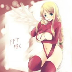 Rule 34 | 1girl, agrias oaks, angel wings, areola slip, blonde hair, blue eyes, bodysuit, boots, braid, braided ponytail, breast hold, breasts, cosplay, covered erect nipples, female focus, final fantasy, final fantasy tactics, large breasts, leotard, long hair, lowres, red leotard, red thighhighs, single braid, single wing, solo, thigh boots, thighhighs, ultima (cosplay), ultima (fft), ultima (fft) (cosplay), underboob, wings
