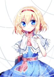 Rule 34 | 1girl, absurdres, alice margatroid, blonde hair, blue dress, blue eyes, blush, book, chisen maimai, dress, headband, highres, holding, holding book, looking at viewer, red headband, short hair, simple background, smile, solo, thread, touhou, white background