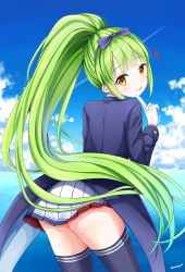 Rule 34 | 1girl, :p, absurdres, ass, azur lane, blue jacket, blue ribbon, blue sky, blue thighhighs, blush, bow, day, gloves, green hair, hair bow, highres, jacket, long hair, long sleeves, looking at viewer, looking back, miniskirt, ocean, pleated skirt, ponytail, ribbon, shropshire (azur lane), skirt, sky, solo, thighhighs, tongue, tongue out, tsunamayo (flying cat), twitter username, water, white gloves, white skirt, yellow eyes