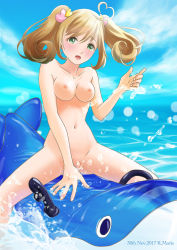 Rule 34 | 1girl, blonde hair, blush, floating, floating object, highres, idolmaster, idolmaster cinderella girls, navel, nipples, nude, open mouth, sato shin, smile, tagme, twintails, water