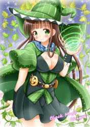 Rule 34 | 1girl, bamboo, black mage (final fantasy), black mage (final fantasy) (cosplay), blunt bangs, blush, breasts, brown hair, character name, closed mouth, commentary request, cosplay, covered erect nipples, english text, final fantasy, gochuumon wa usagi desu ka?, green eyes, green hat, hat, highres, holding, large breasts, long hair, looking at viewer, smile, solo, ujimatsu chiya, witch hat, xenon (for achieve)