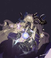 Rule 34 | 1other, androgynous, blonde hair, closed mouth, curled horns, closed eyes, hands up, horns, long hair, mullmull02, original, sky, smile, solo, space, star (sky), starry sky, twitter username, very long hair