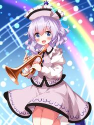 Rule 34 | 1girl, :d, blue background, commentary request, frilled hat, frills, gradient background, grey eyes, hat, highres, holding, holding instrument, instrument, looking at viewer, medium hair, merlin prismriver, open mouth, pink hat, pink shirt, pink skirt, purple hair, ruu (tksymkw), shirt, skirt, smile, socks, solo, sun hat ornament, touhou, trumpet, white socks