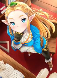 Rule 34 | 1girl, black pants, blonde hair, blue eyes, blush, braid, french braid, frog, from above, highres, long hair, looking at viewer, nintendo, on head, pants, parted bangs, pointy ears, princess zelda, solo, standing, the legend of zelda, the legend of zelda: breath of the wild, wooden floor
