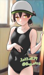 Rule 34 | 1girl, against door, bare shoulders, basket, black one-piece swimsuit, blurry, blurry background, blush, breasts, brown hair, closed mouth, collarbone, commentary request, cowboy shot, dated, furaggu (frag 0416), hair between eyes, highres, kantai collection, kasuga maru (kancolle), medium hair, one-hour drawing challenge, one-piece swimsuit, painting (object), small breasts, solo, swim cap, swimsuit, twitter username, white headwear, yellow eyes
