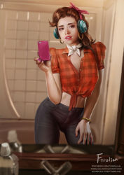 Rule 34 | 1girl, artist name, bangle, bathroom, belt, blurry, bottle, bracelet, breasts, brown eyes, brown hair, cellphone, choker, cleavage, commentary, contrapposto, cowboy shot, cruiser d.va, d.va (overwatch), depth of field, earrings, eyeshadow, faucet, firolian, front-tie top, grey choker, hair ribbon, hand on own hip, hand on own thigh, headphones, highres, hoop earrings, indoors, jewelry, light smile, looking at viewer, makeup, medium breasts, medium hair, midriff, mirror, nail polish, official alternate costume, open mouth, orange nails, overwatch, overwatch 1, pants, phone, pink lips, pink ribbon, plaid, plaid shirt, ponytail, purple nails, realistic, red shirt, ribbon, selfie, shirt, short sleeves, signature, sink, smartphone, solo, standing, teeth, tile wall, tiles, watermark, web address