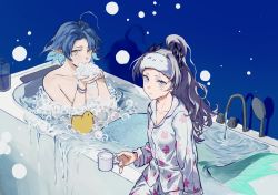 Rule 34 | 1boy, 1girl, ahoge, alternate costume, alternate hairstyle, animal print, arknights, bathing, blue background, blue hair, blue nails, bracelet, closed mouth, collarbone, cowboy shot, cup, earrings, faucet, grey eyes, grey hair, high ponytail, highres, holding, holding cup, irene (arknights), jewelry, long hair, long sleeves, looking at viewer, lumen (arknights), merman, monster boy, mug, multicolored hair, nail polish, pajamas, partially submerged, pointy ears, ponytail, rabbit print, rubber duck, scar, scar across eye, scar on face, short hair, simple background, smile, soap bubbles, two-tone hair, water, xingxingfanfan, yellow eyes