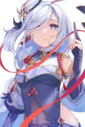 Rule 34 | 1girl, black bodysuit, black gloves, black headband, blue eyes, bodysuit, bright pupils, commentary, detached sleeves, earrings, flower knot, genshin impact, gloves, gold trim, grey hair, hair over one eye, headband, hip vent, jewelry, looking at viewer, miyanome, partially fingerless gloves, pointing, pointing up, red ribbon, ribbon, shenhe (genshin impact), simple background, solo, tassel, tassel earrings, white background, white pupils