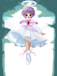 Rule 34 | :d, floating, halo, kitsupon, open mouth, original, purple hair, red eyes, short hair, smile, transparent wings, tree