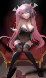 Rule 34 | 1girl, absurdres, ahoge, bell, black choker, black footwear, black gloves, breasts, choker, cleavage, commentary, covered navel, demon girl, demon horns, demon tail, demon wings, gloves, hair ornament, head wings, heart, heart ahoge, heart hair ornament, highres, horns, ironmouse, jingle bell, large breasts, long hair, looking at viewer, multicolored hair, navel, o-ring, o-ring choker, pink eyes, pink hair, pointy ears, purple hair, see-through, shio bd, smirk, streaked hair, symbol-only commentary, tail, virtual youtuber, vshojo, wings