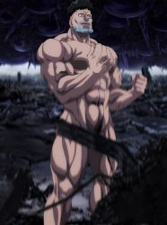 Rule 34 | 1boy, abs, absurdres, black hair, highres, male focus, muscular, nude, one-punch man, puri puri prisoner, smile, solo, standing, stitched, third-party edit