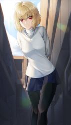 Rule 34 | 1girl, absurdres, ahoge, alley, arcueid brunestud, arms behind back, black pantyhose, blonde hair, blue skirt, bob cut, breasts, building, closed mouth, contrapposto, feet out of frame, from below, hair between eyes, highres, huge filesize, jewelry, leaning forward, leaning to the side, lens flare, long sleeves, looking at viewer, medium breasts, narrow waist, necklace, pantyhose, pleated skirt, red eyes, short hair, skirt, sky, smile, solo, sora (men0105), sweater, thigh gap, tsukihime, turtleneck, turtleneck sweater, white sweater
