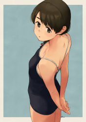 Rule 34 | 1girl, arms behind back, banned artist, black eyes, black hair, blue one-piece swimsuit, braid, breasts, commentary, hair ribbon, kantai collection, long hair, makio (makiomeigenbot), one-piece swimsuit, parted lips, red ribbon, ribbon, signature, simple background, single braid, small breasts, solo, swimsuit, two-tone background, uranami (kancolle)