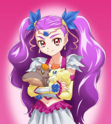 Rule 34 | 00s, 1girl, carrying, coco (precure 5), coco (yes! precure 5), earrings, eyelashes, hajime (caramel toone), jewelry, mascot, midriff, milk (yes! precure 5), milky rose, mimino kurumi, navel, nuts, nuts (yes! precure 5), precure, purple hair, red eyes, smile, twintails, two side up, yes! precure 5, yes! precure 5 gogo!