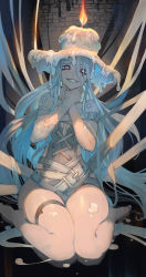 Rule 34 | 1girl, bare shoulders, belt, blue hair, blush, breasts, candle, commentary request, eyeliner, grin, highres, lack, long hair, looking at viewer, makeup, original, personification, red eyes, sitting, smile, solo, straddling, thigh strap, very long hair, wariza