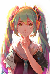 Rule 34 | 1girl, artist name, finger to mouth, green eyes, green hair, hatsune miku, headset, long hair, looking at viewer, matching hair/eyes, mconch, necktie, shushing, solo, twintails, vocaloid, white background