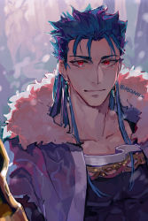 Rule 34 | 1boy, blue hair, closed mouth, collarbone, cu chulainn (caster) (fate), cu chulainn (fate), earrings, fate/grand order, fate (series), fur-trimmed hood, fur trim, heqanim, highres, hood, hood down, jewelry, korean commentary, long hair, looking at viewer, male focus, red eyes, skin tight, slit pupils, smile, solo, spiked hair, twitter username