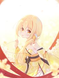 Rule 34 | 1girl, ai floverse, azalea (flower), blonde hair, blush, chain, character name, cowboy shot, detached sleeves, dress, floral print, flower, from side, gold chain, hair flower, hair ornament, hair over shoulder, highres, long hair, long sleeves, looking at viewer, looking to the side, low ponytail, obi, obijime, original, parted lips, pinky out, red ribbon, ribbon, sash, signature, solo, strapless, strapless dress, string, string of fate, white background, white flower, wide sleeves, yellow dress, yellow eyes, yellow flower
