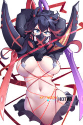 Rule 34 | 1girl, black hair, black skirt, blue eyes, breasts, commentary, covered erect nipples, criss-cross halter, english commentary, halterneck, highleg, highleg panties, highres, holding, holding weapon, hot vr, kill la kill, large breasts, looking at viewer, mask, matoi ryuuko, microskirt, mouth mask, multicolored hair, navel, oni mask, panties, patreon username, red hair, revealing clothes, scissor blade (kill la kill), senketsu, short hair, skirt, solo, stomach, streaked hair, thread, underwear, upper body, weapon, white background