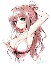 Rule 34 | 1girl, akina tsukako, arm up, armpits, blush, breasts, brown hair, character request, cleavage, dress, female focus, green eyes, hairband, halterneck, hand in own hair, large breasts, long hair, looking at viewer, monochrome, simple background, solo, spot color, strap gap, tongue, tongue out, twitter username, upper body, wet
