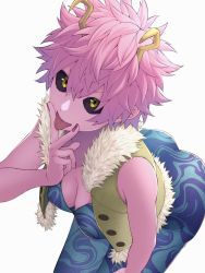 Rule 34 | 1girl, ashido mina, ass, bare arms, bare shoulders, black sclera, boku no hero academia, breasts, cleavage, colored sclera, colored skin, cunnilingus gesture, fur trim, hair between eyes, hand on own knee, hand up, jacket, kobaji, leaning forward, looking at viewer, nail polish, pink hair, pink nails, pink skin, short hair, simple background, solo, tongue, tongue out, transparent background, unitard, v, white background, yellow eyes