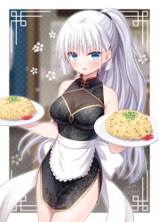 Rule 34 | 1girl, alternate costume, alternate hairstyle, apron, back bow, black dress, blue eyes, blunt ends, blurry, blurry background, blush, border, bow, breasts, china dress, chinese clothes, cleavage, commentary request, cowboy shot, dress, eyes visible through hair, food, fried rice, frilled apron, frills, frown, hair behind ear, hair between eyes, hands up, highres, hip vent, holding, holding tray, indoors, large breasts, long hair, looking at viewer, nakamura hinato, naruse shiroha, open mouth, ponytail, ringed eyes, signature, sleeveless, sleeveless dress, solo, summer pockets, tray, tsurime, v-shaped eyebrows, very long hair, w arms, waist apron, white apron, white border, white bow, white hair