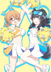 Rule 34 | 2girls, ahoge, animal ears, bare shoulders, black hair, blonde hair, blue archive, blush, braid, breasts, cheering, cheerleader, crop top, dog ears, dog girl, dog tail, eyewear on head, glasses, goggles, goggles on head, halo, hibiki (blue archive), hibiki (cheer squad) (blue archive), highres, holding, holding pom poms, kotori (blue archive), kotori (cheer squad) (blue archive), large breasts, looking at viewer, midriff, millennium cheerleader outfit (blue archive), miniskirt, multiple girls, navel, ochiaki, official alternate costume, open mouth, pleated skirt, pom pom (cheerleading), pom poms, ponytail, purple eyes, red eyes, shirt, shoes, skirt, sleeveless, sleeveless shirt, smile, sneakers, star sticker, sticker on face, sunglasses, tail, text print, white footwear, white skirt, yellow background, yellow halo