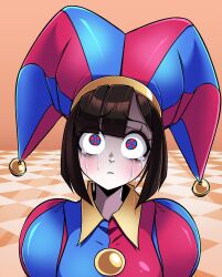 Rule 34 | 1girl, bell, black bodysuit, blue bodysuit, blue eyes, blue hat, blunt bangs, blunt ends, bob cut, bodysuit, brown hair, checkered floor, close-up, crying, crying with eyes open, eyelashes, hat, hat bell, head tilt, highres, jester, jester cap, jingle bell, looking up, multicolored bodysuit, multicolored clothes, multicolored hat, orange background, pale skin, parted lips, pomni (the amazing digital circus), portrait, puffy short sleeves, puffy sleeves, raised eyebrows, red bodysuit, red eyes, red hat, sad, scrimblocrimbo, short hair, short sleeves, solo, streaming tears, stuffed toy, symbol-shaped pupils, tears, the amazing digital circus, tile floor, tiles, two-tone eyes, upturned eyes, yellow bodysuit, yellow hat