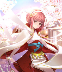 Rule 34 | 1girl, blue ribbon, blurry, brown eyes, cape, cherry blossoms, commentary request, day, depth of field, fire emblem, fire emblem fates, hairband, head tilt, highres, holding, holding staff, japanese clothes, kero sweet, looking at viewer, nintendo, outdoors, parted lips, petals, pink hair, ribbon, ribbon trim, sakura (fire emblem), short hair, sidelocks, signature, solo, staff, tree, white cape, wind