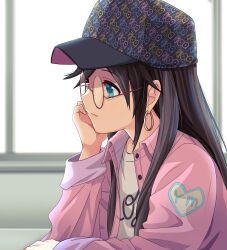 Rule 34 | 1girl, black hair, blue eyes, earrings, glasses, hand on own chin, hat, hige (com), highres, idolmaster, idolmaster shiny colors, jacket, jewelry, long hair, looking away, mitsumine yuika, pink jacket, shirt, sitting, smile, solo, twintails, white shirt, window