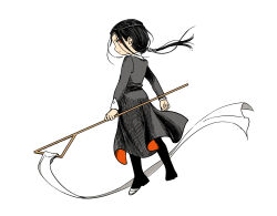 Rule 34 | 1boy, absurdres, black dress, black hair, clenched hand, closed mouth, dress, easthies (tongari boushi no atelier), from behind, full body, hair tie, highres, holding, long hair, long sleeves, looking at viewer, looking back, male focus, ponytail, red eyes, simple background, solo, standing, tongari boushi no atelier, white background, yongji (moli1023)