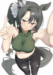 Rule 34 | 1girl, absurdres, alternate costume, animal ears, armpits, arms up, bare arms, bare shoulders, black hair, black pants, blurry, blush, collarbone, commentary request, crop top, crown hair ornament, depth of field, ear ornament, green eyes, green shirt, halter shirt, halterneck, highres, horse ears, horse girl, horse tail, long hair, looking at viewer, midriff, navel, one side up, open mouth, pants, parted bangs, reaching, reaching towards viewer, satono crown (umamusume), shirt, simple background, sleeveless, sleeveless shirt, solo, stomach, tail, umamusume, white background, yamano rokamizu