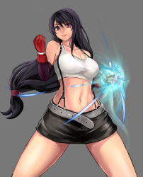 Rule 34 | 1990s (style), 1girl, aura, belt, black hair, breasts, brown eyes, cleavage, clenched hand, clenched hands, crop top, elbow gloves, fighting stance, final fantasy, final fantasy vii, fingerless gloves, gloves, grey background, highres, large breasts, light smile, lips, long hair, midriff, miniskirt, parted lips, pencil skirt, red eyes, retro artstyle, shirt, simple background, skirt, solo, suspender skirt, suspenders, tank top, taut clothes, taut shirt, tifa lockhart, very long hair, yashichii