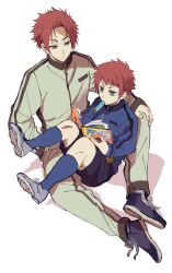Rule 34 | 2boys, absurdres, age comparison, black footwear, blue eyes, blue jacket, blue lock, blue socks, book, food, food in mouth, full body, grey footwear, hand in pocket, highres, holding, holding book, itoshi sae, jacket, long sleeves, male focus, multiple boys, pants, popsicle, reading, red hair, shoes, short hair, simple background, sitting, sleeves past wrists, socks, toramaru (696anna), track jacket, track pants, track suit, white background, white jacket, white pants