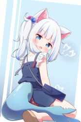 Rule 34 | 1girl, :o, ?, ??, animal ears, bag, blue background, blue dress, blue eyes, blue hair, blush, brown footwear, cat ears, commentary request, cube hair ornament, dress, from behind, gawr gura, gawr gura (casual), hair ornament, highres, hololive, hololive english, looking at viewer, looking back, multicolored hair, official alternate costume, open mouth, sandals, setmen, shark, sharp teeth, shirt, shoe soles, shoulder bag, side ponytail, silver hair, sitting, sleeveless, sleeveless dress, solo, streaked hair, teeth, two-tone background, virtual youtuber, wariza, white background, white shirt